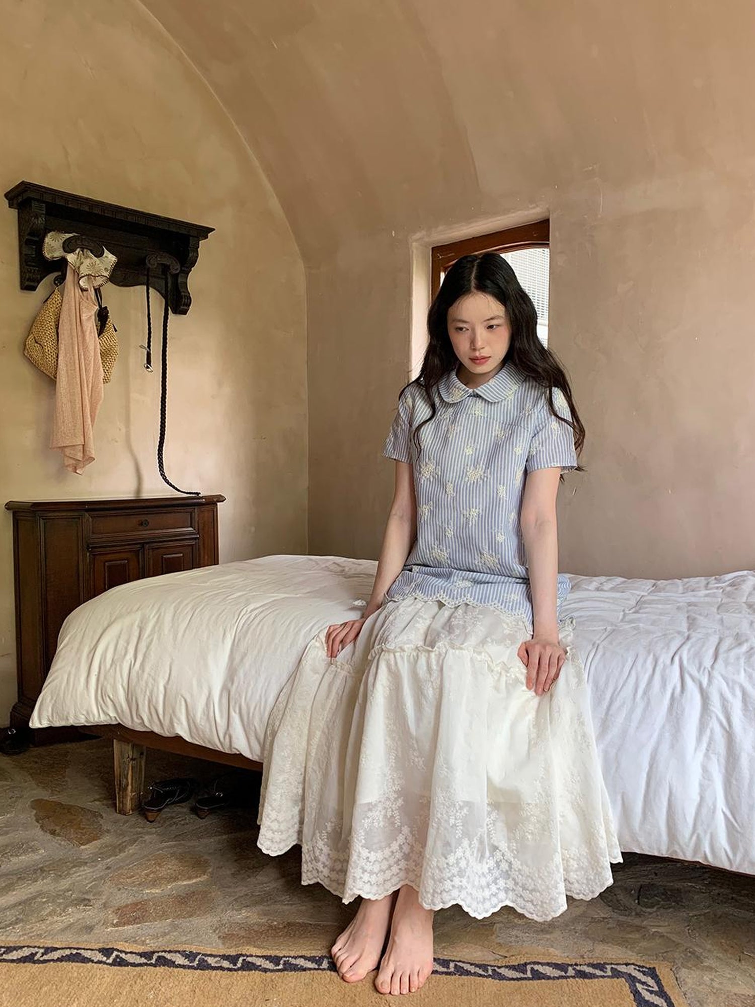 Dorydory Striped Jacquette Cheongsam V-neck Dress