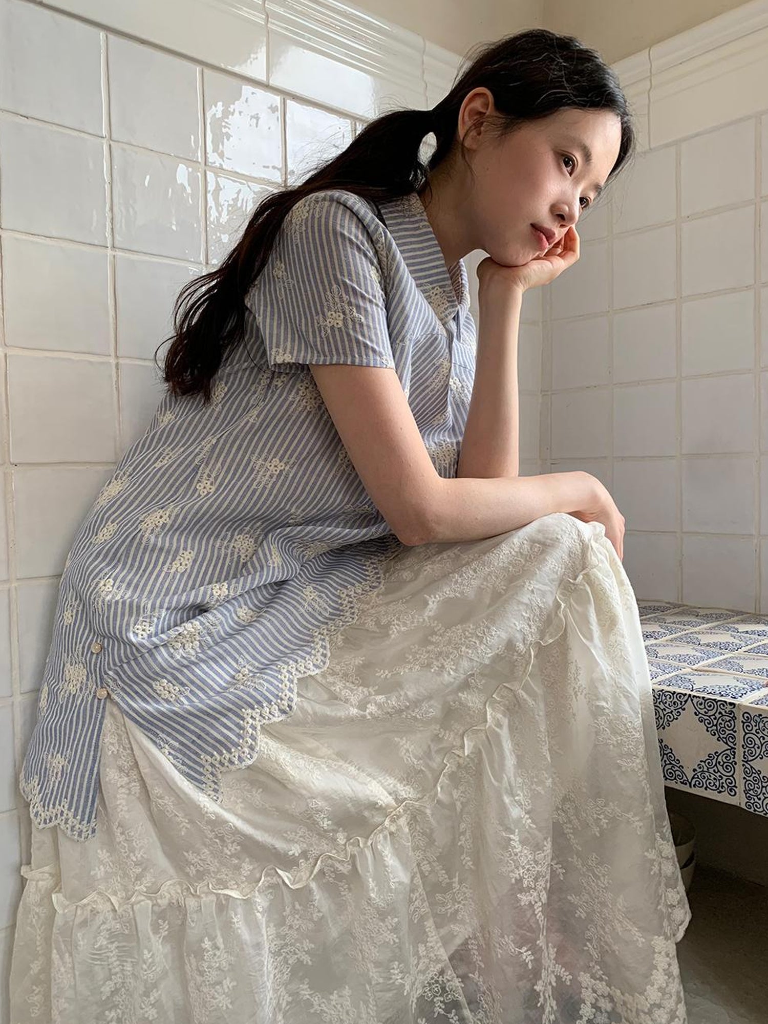 Dorydory Striped Jacquette Cheongsam V-neck Dress