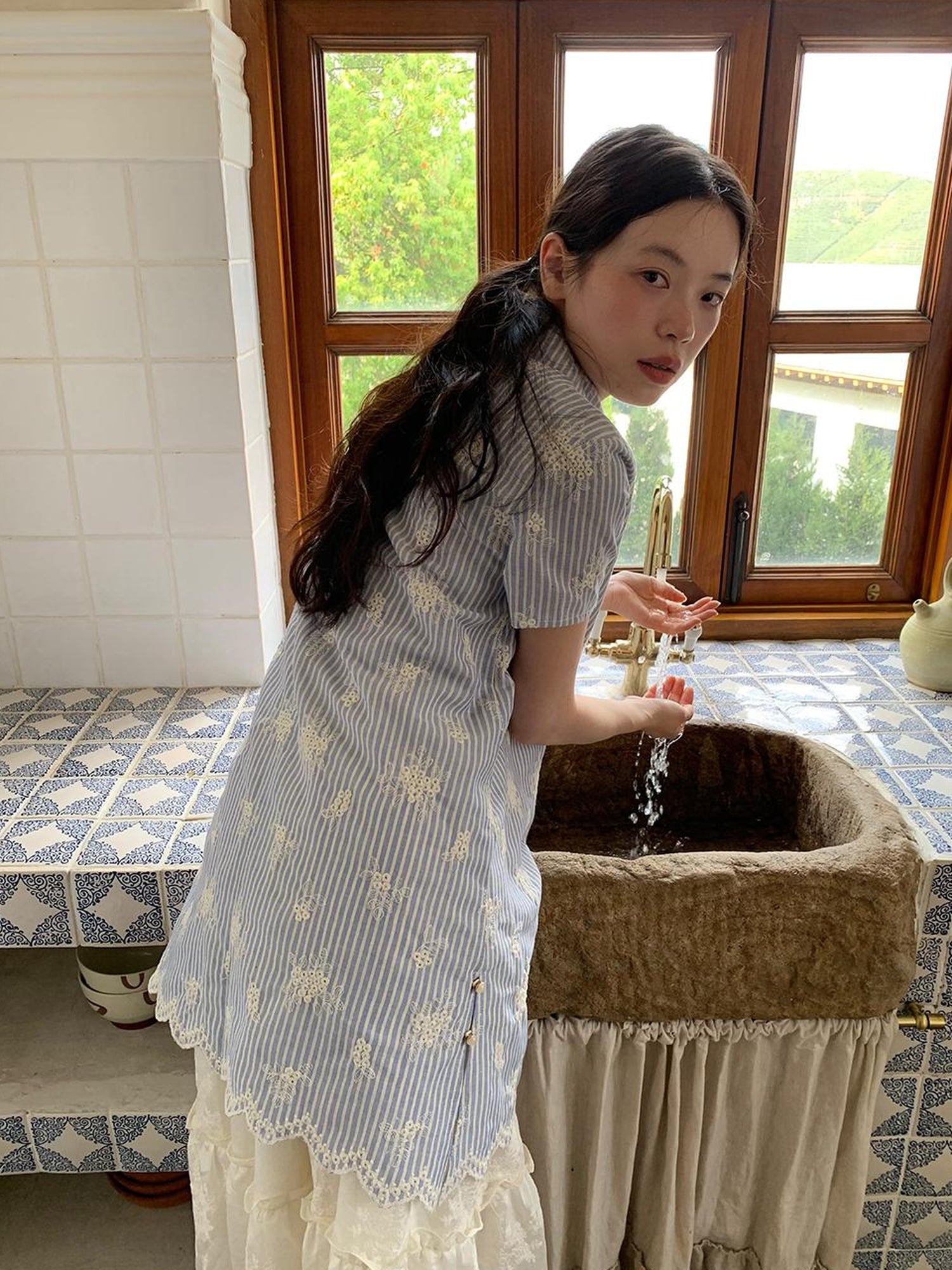 Dorydory Striped Jacquette Cheongsam V-neck Dress