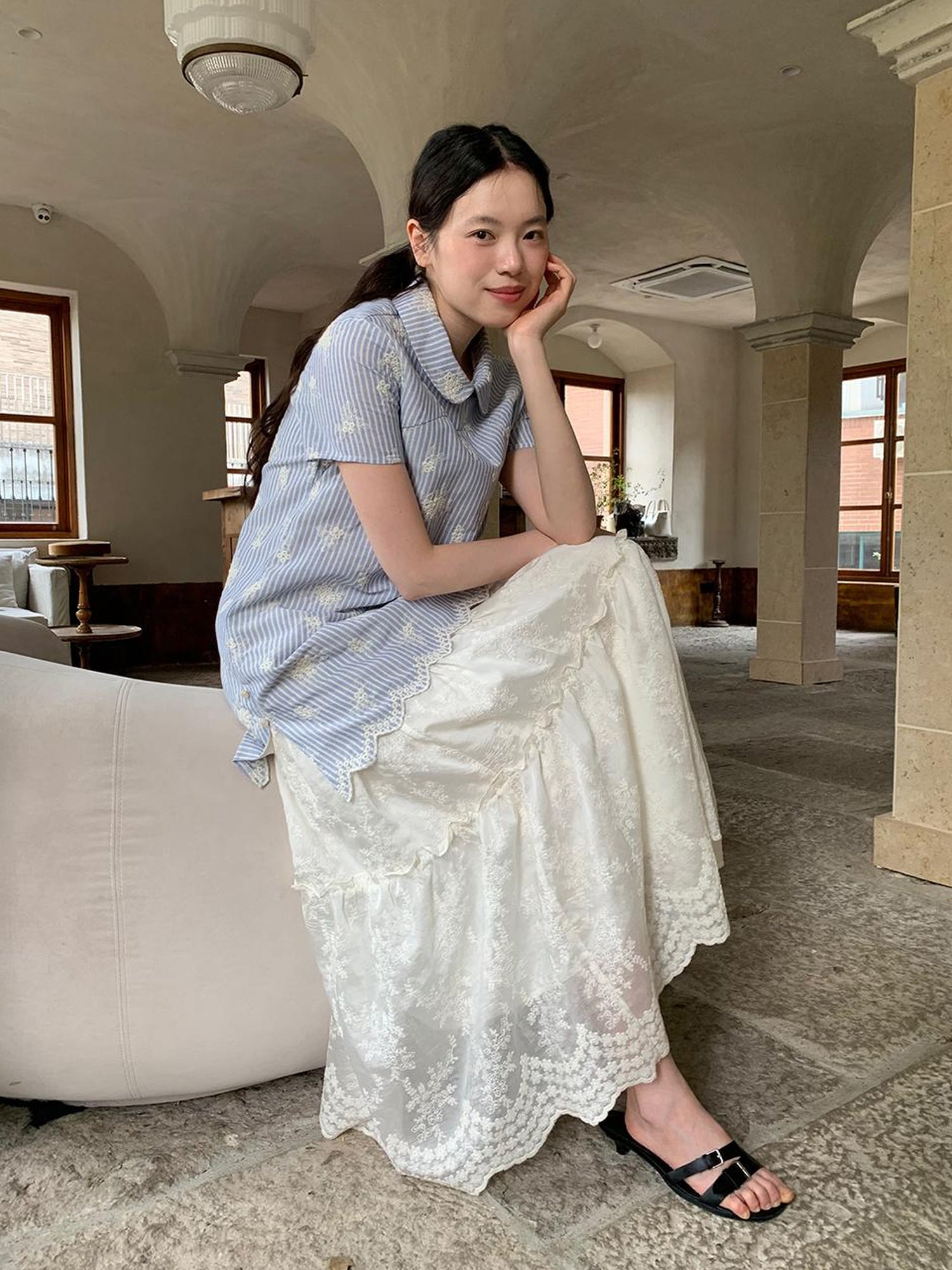 Dorydory Striped Jacquette Cheongsam V-neck Dress