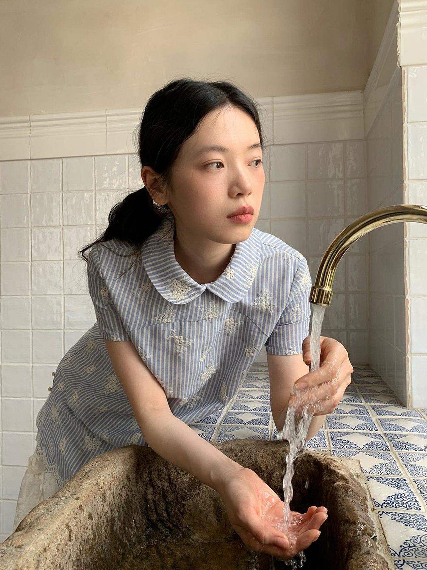 Dorydory Striped Jacquette Cheongsam V-neck Dress