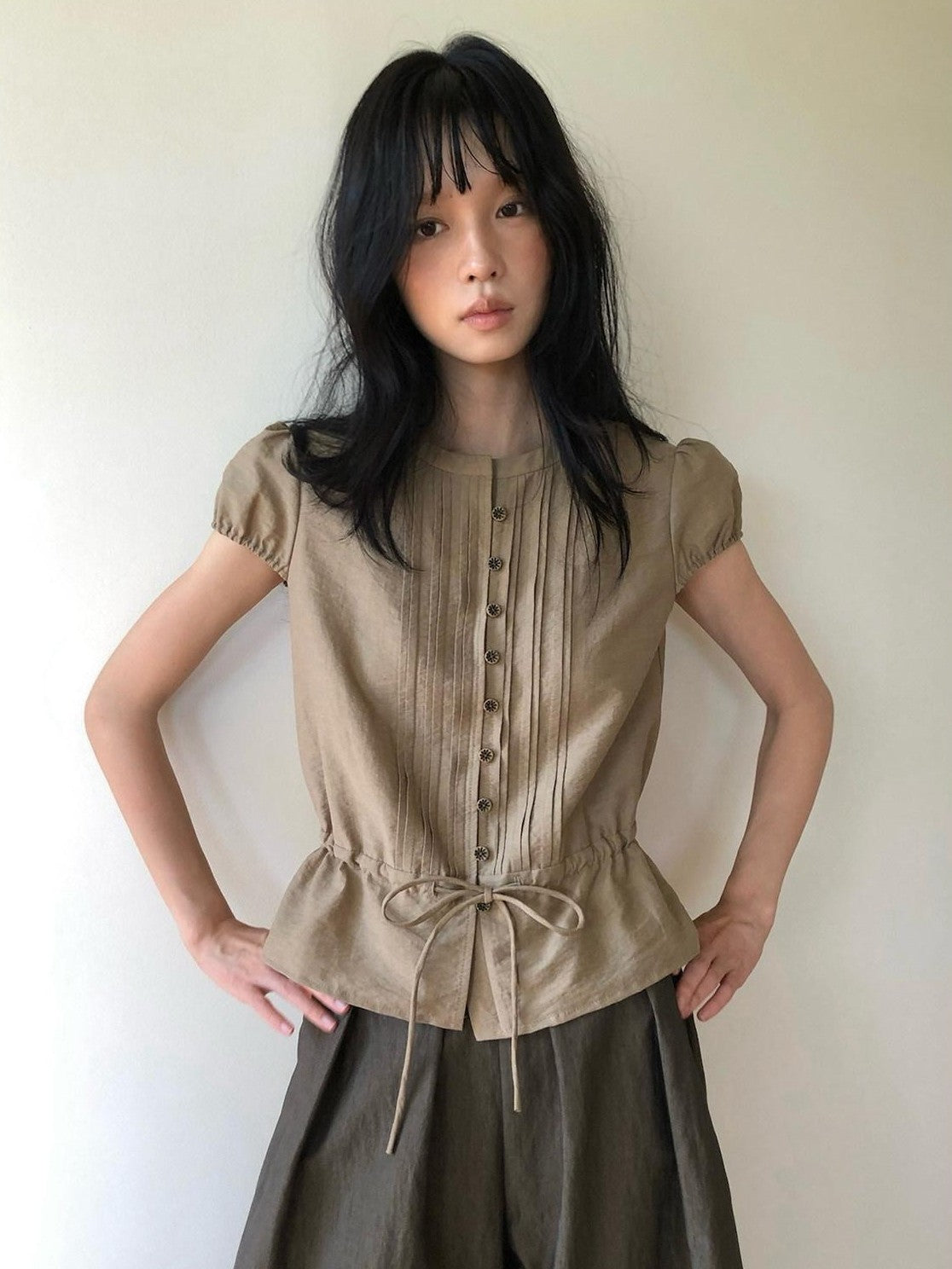 Dorydory Striped Puff Sleeve Tie Waist Slim Fit Women&