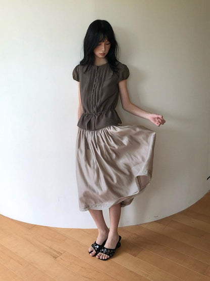 Dorydory Striped Puff Sleeve Tie Waist Slim Fit Women&