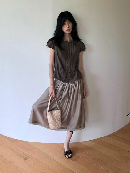 Dorydory Striped Puff Sleeve Tie Waist Slim Fit Women&