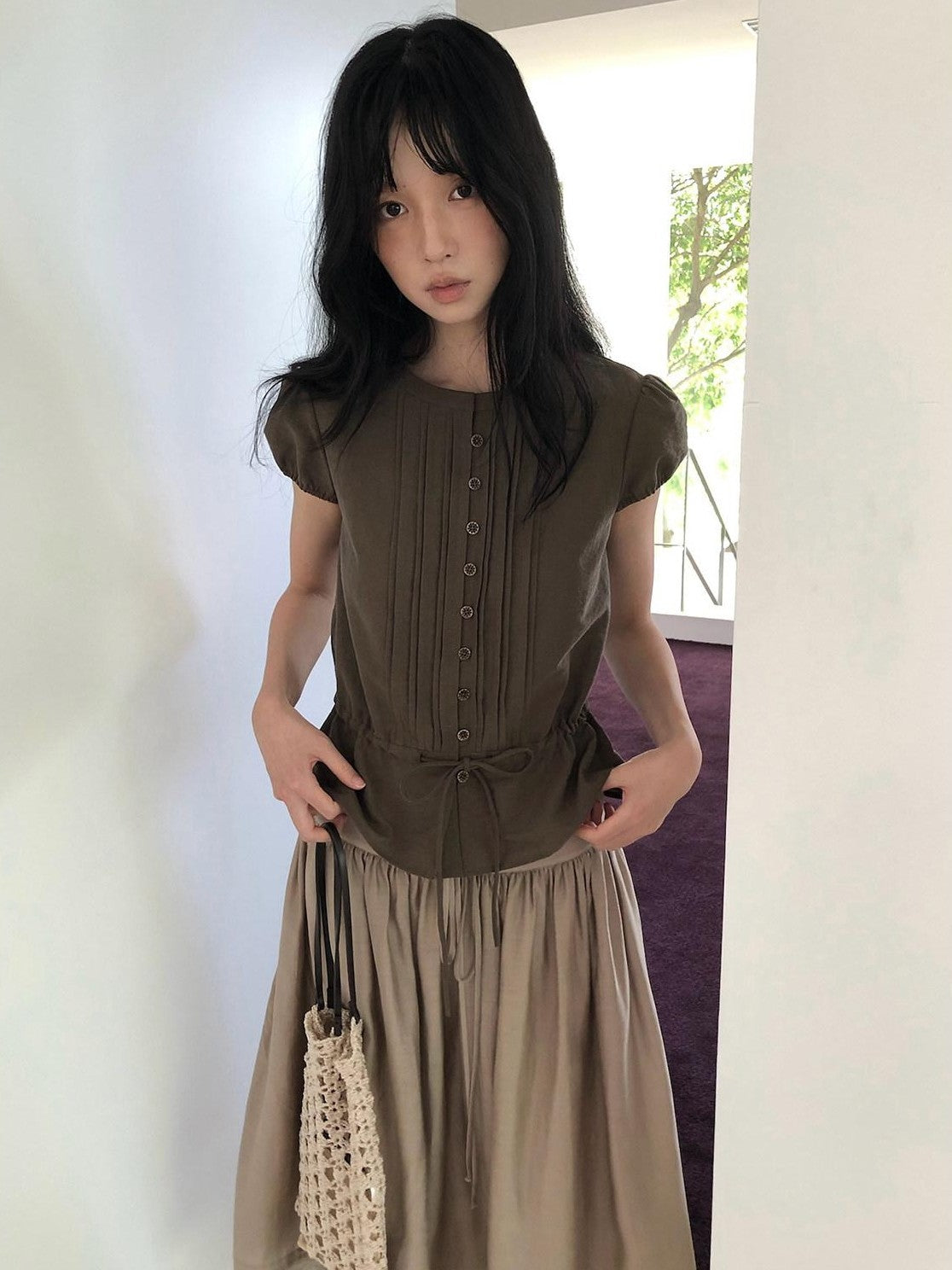 Dorydory Striped Puff Sleeve Tie Waist Slim Fit Women&