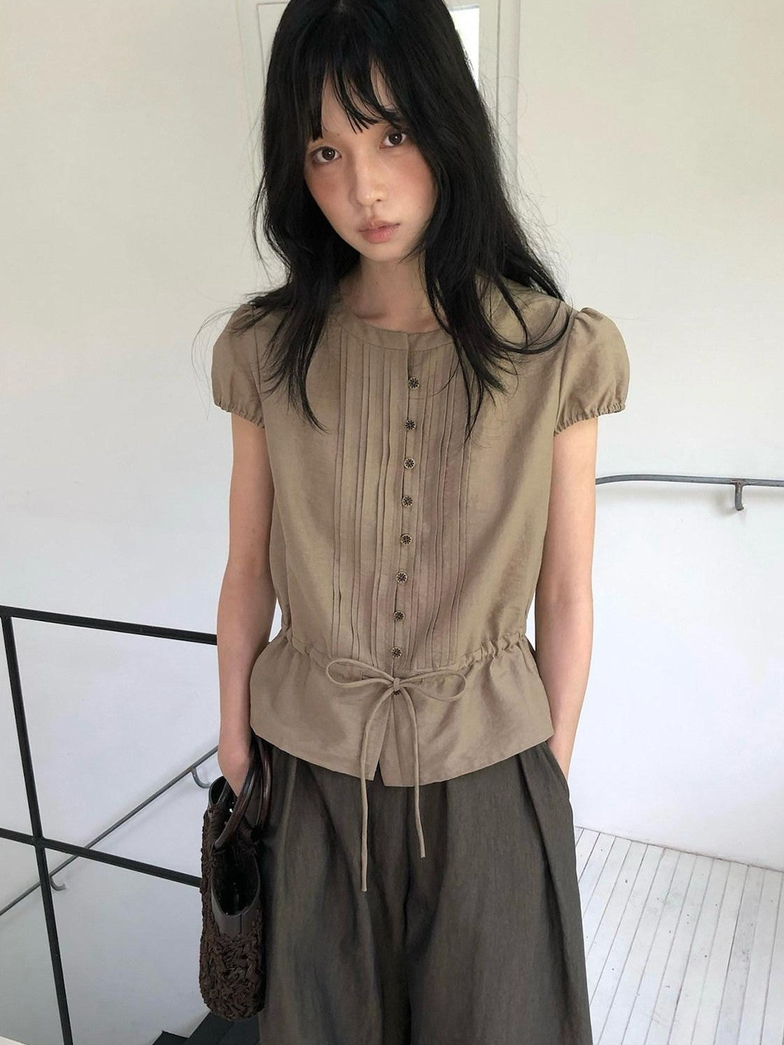 Dorydory Striped Puff Sleeve Tie Waist Slim Fit Women&