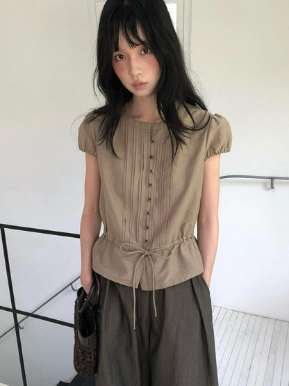 Dorydory Striped Puff Sleeve Tie Waist Slim Fit Women&
