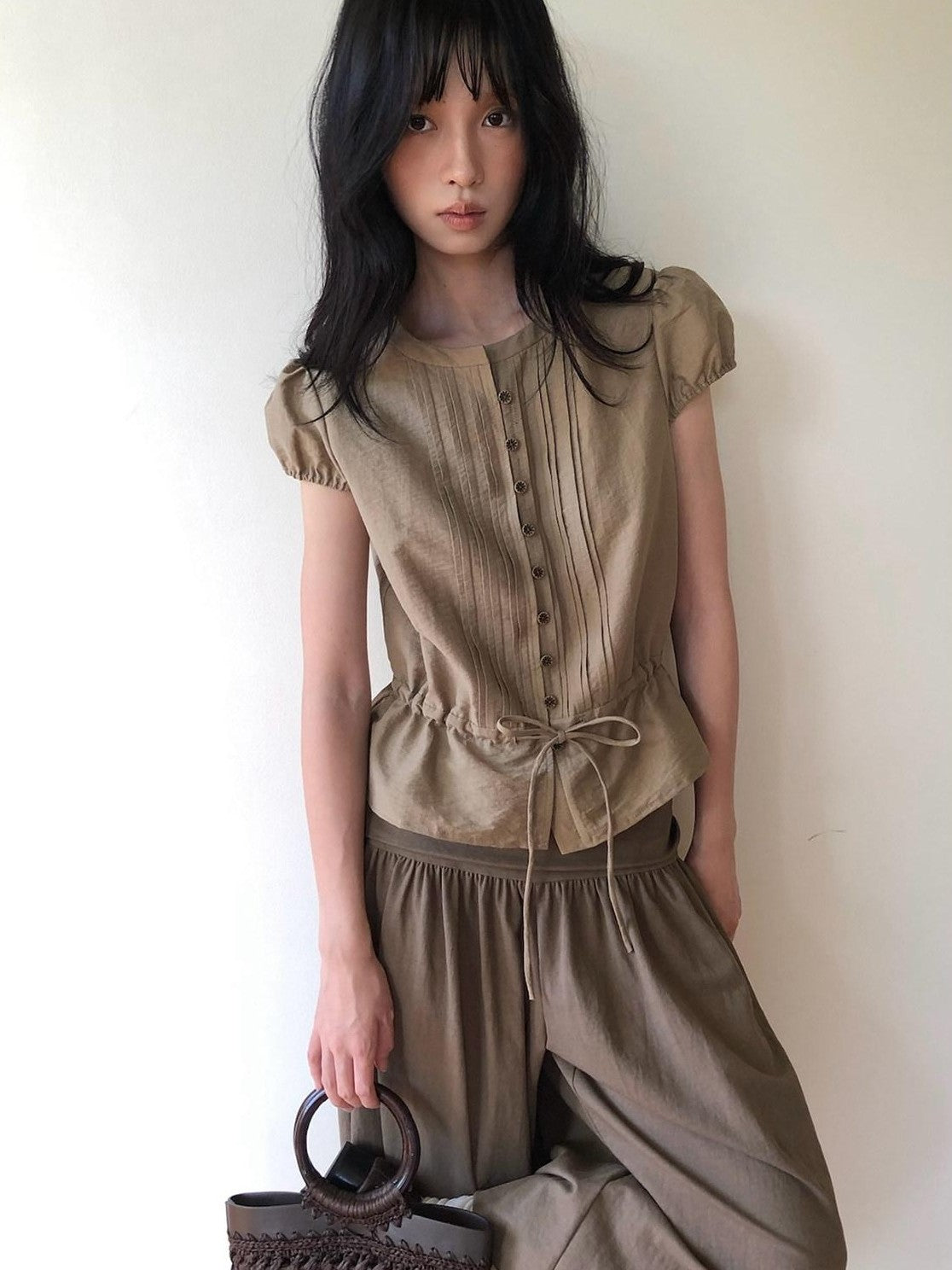 Dorydory Striped Puff Sleeve Tie Waist Slim Fit Women&