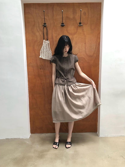 Dorydory Striped Puff Sleeve Tie Waist Slim Fit Women&