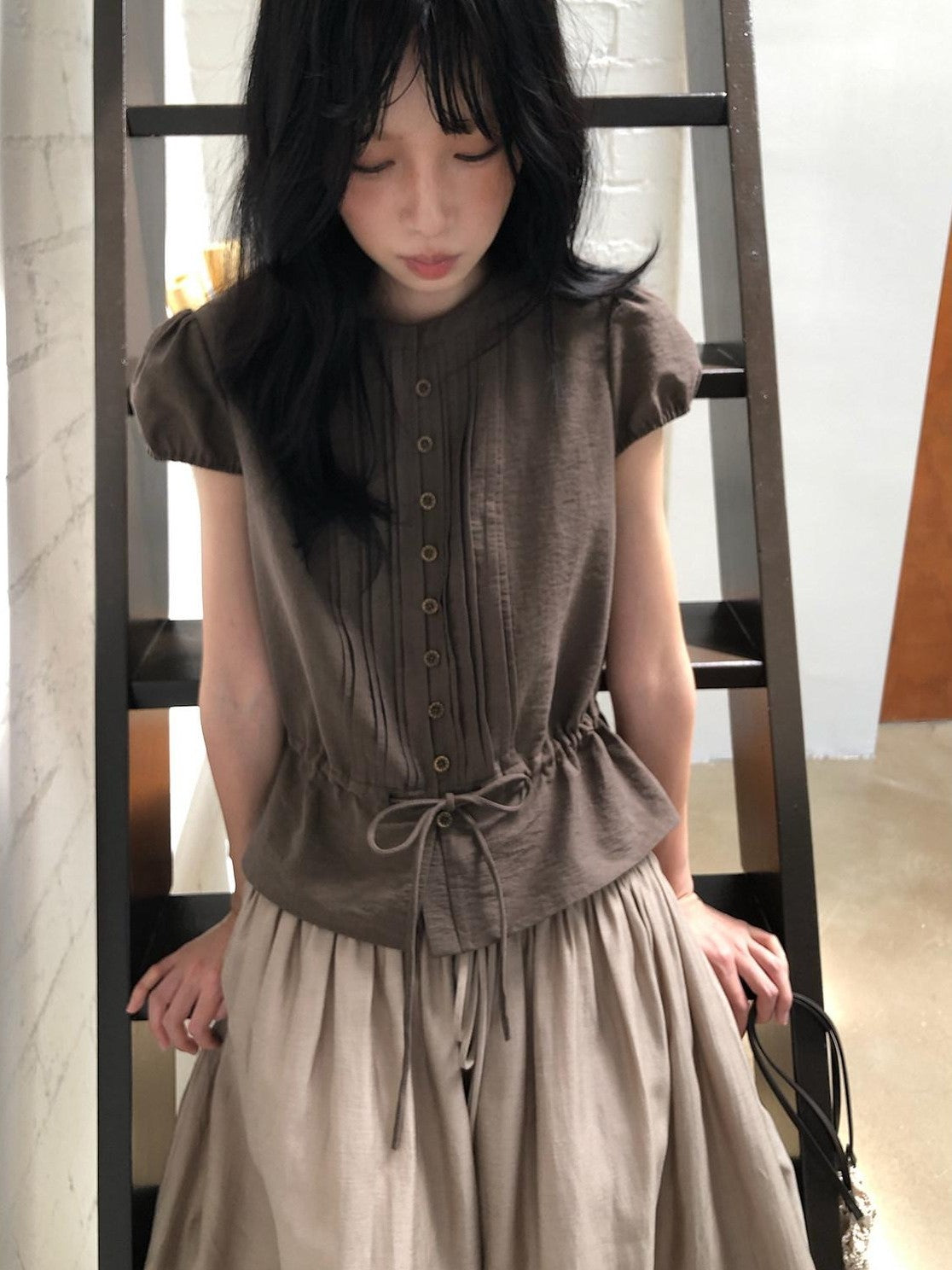 Dorydory Striped Puff Sleeve Tie Waist Slim Fit Women&