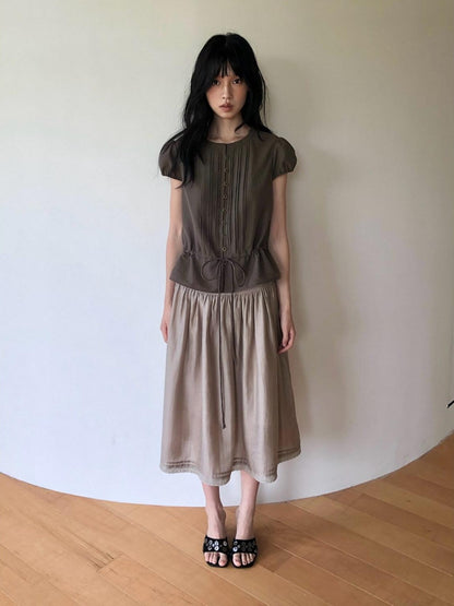 Dorydory Striped Puff Sleeve Tie Waist Slim Fit Women&