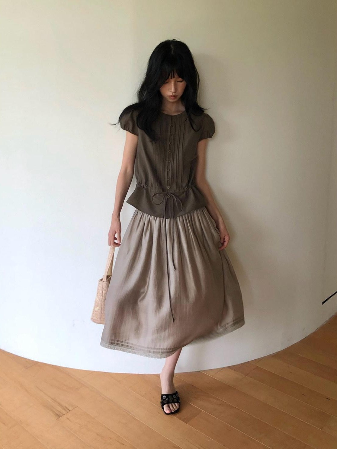 Dorydory Striped Puff Sleeve Tie Waist Slim Fit Women&