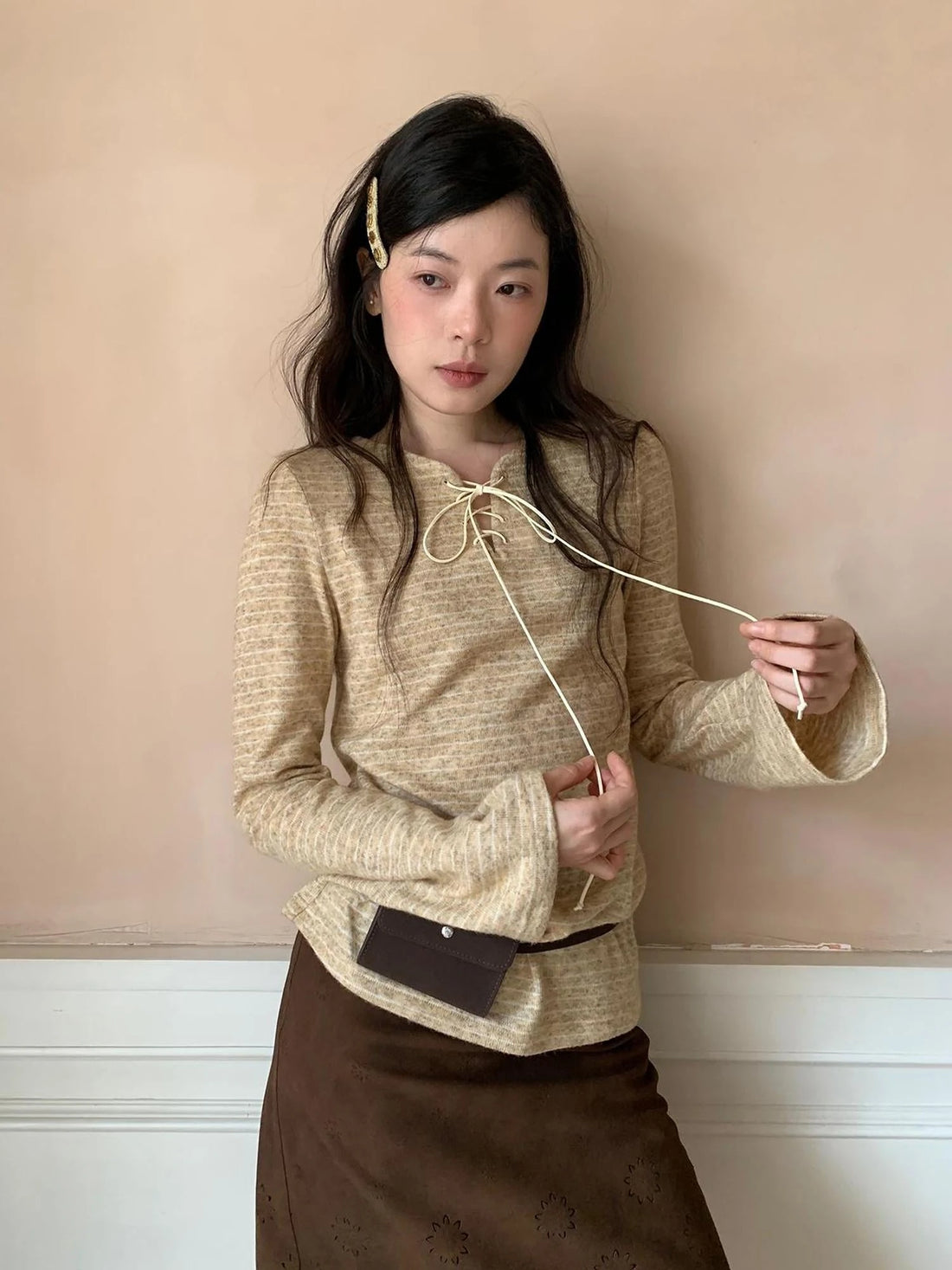 Striped Ribbed Knit T-shirt With Tie Detail