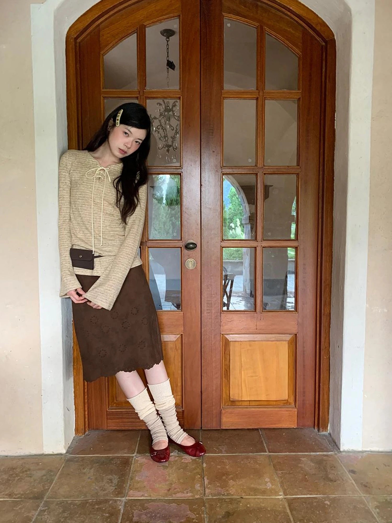 Striped Ribbed Knit T-shirt With Tie Detail