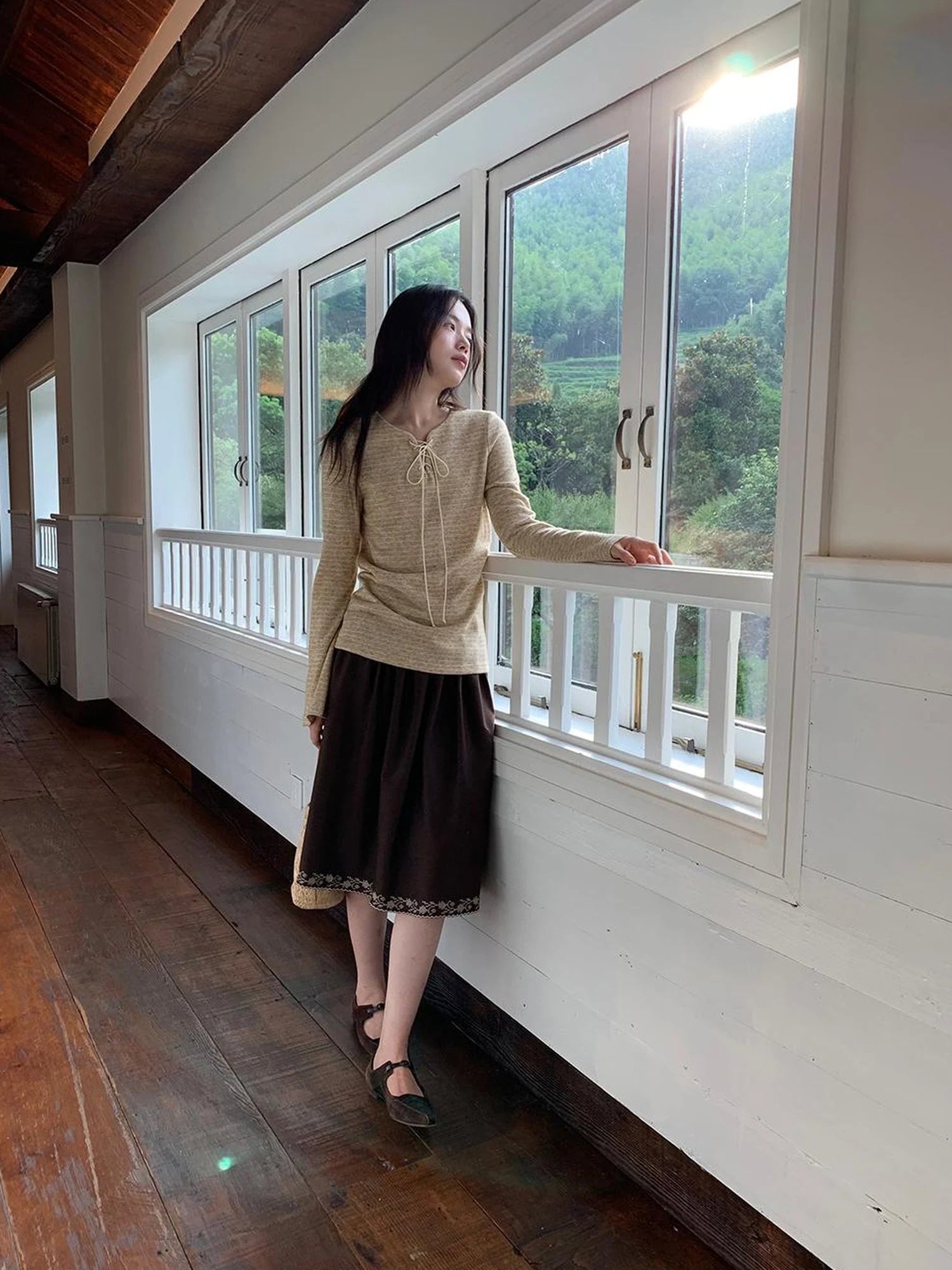 Striped Ribbed Knit T-shirt With Tie Detail