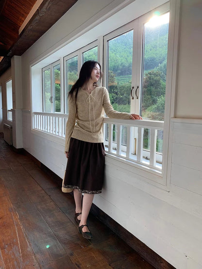 Striped Ribbed Knit T-shirt With Tie Detail