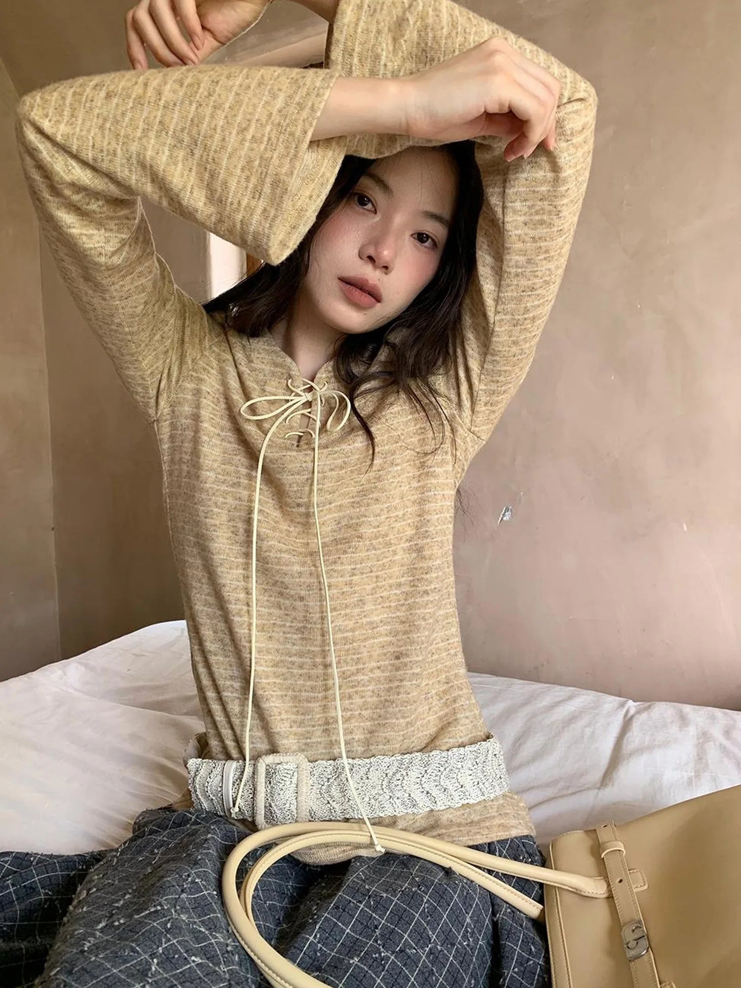 Striped Ribbed Knit T-shirt With Tie Detail