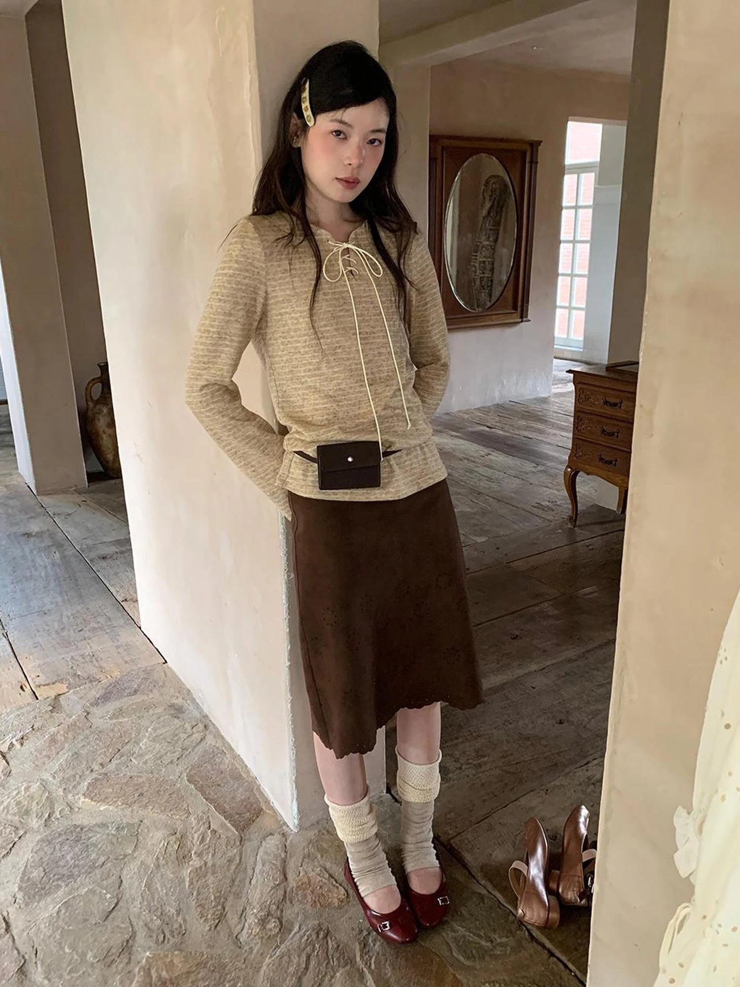 Striped Ribbed Knit T-shirt With Tie Detail