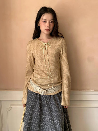 Striped Ribbed Knit T-shirt With Tie Detail