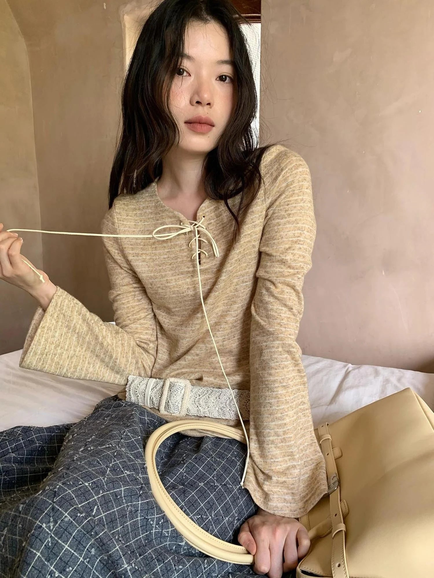 Striped Ribbed Knit T-shirt With Tie Detail