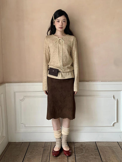 Striped Ribbed Knit T-shirt With Tie Detail