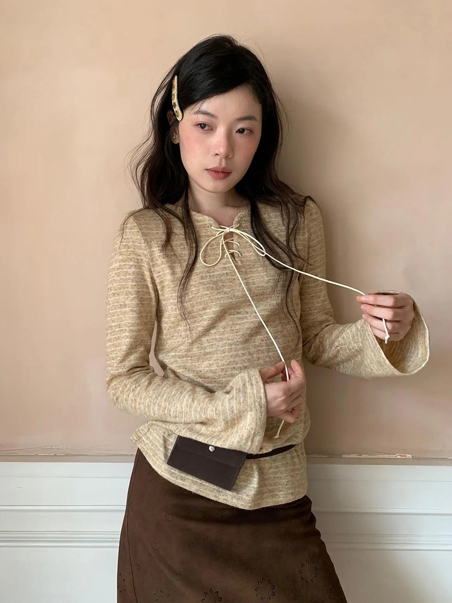 Striped Ribbed Knit T-shirt With Tie Detail