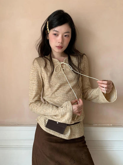 Striped Ribbed Knit T-shirt With Tie Detail