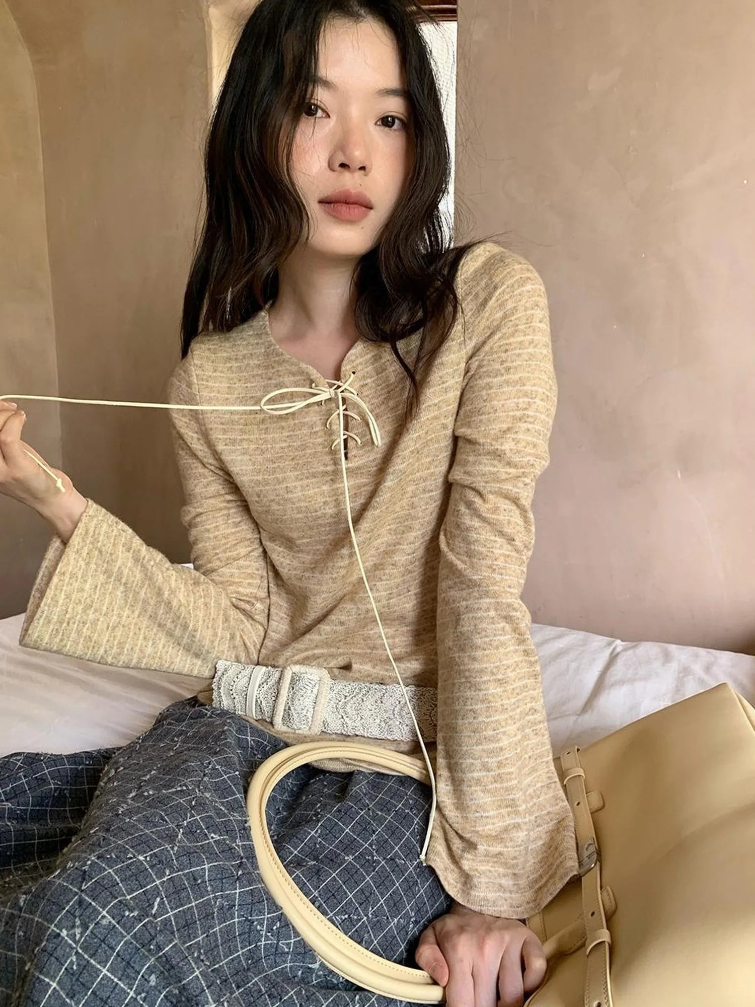 Striped Ribbed Knit T-shirt With Tie Detail