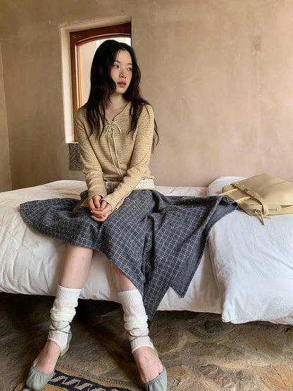 Striped Ribbed Knit T-shirt With Tie Detail