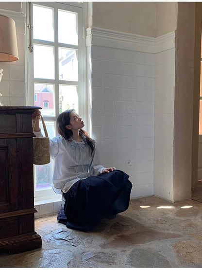 Striped Shirt With 3D Ruffle Trim Mid Length Cotton Blouse