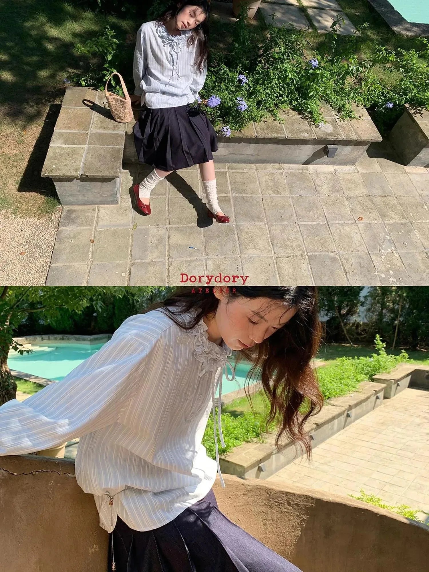 Striped Shirt With 3D Ruffle Trim Mid Length Cotton Blouse