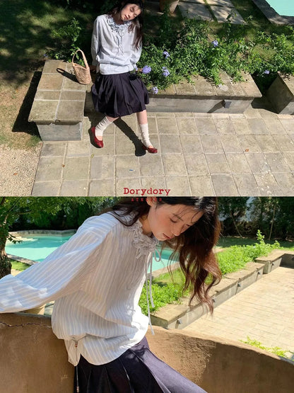 Striped Shirt With 3D Ruffle Trim Mid Length Cotton Blouse