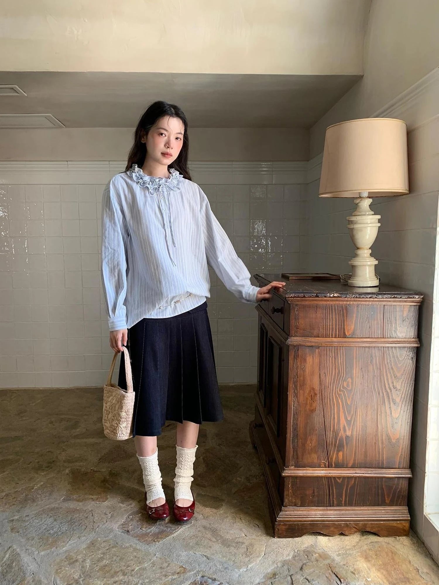 Striped Shirt With 3D Ruffle Trim Mid Length Cotton Blouse