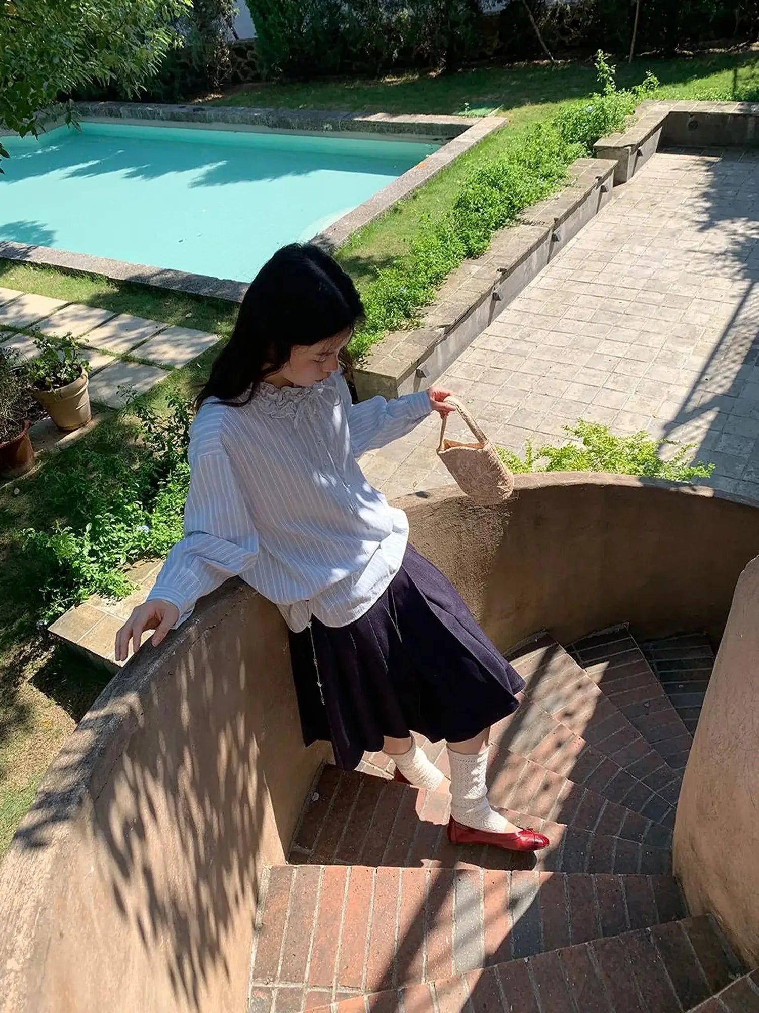 Striped Shirt With 3D Ruffle Trim Mid Length Cotton Blouse