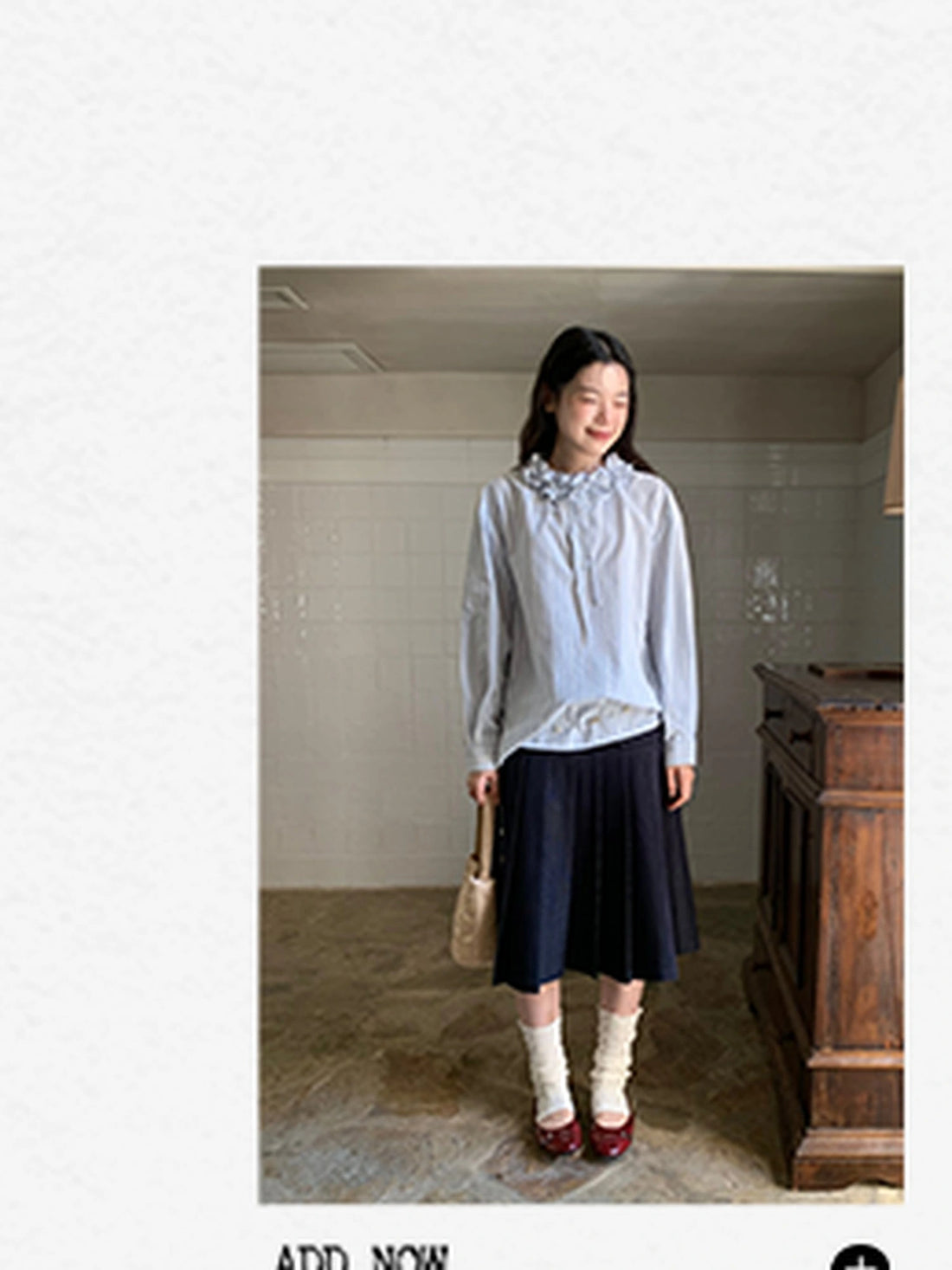 Striped Shirt With 3D Ruffle Trim Mid Length Cotton Blouse