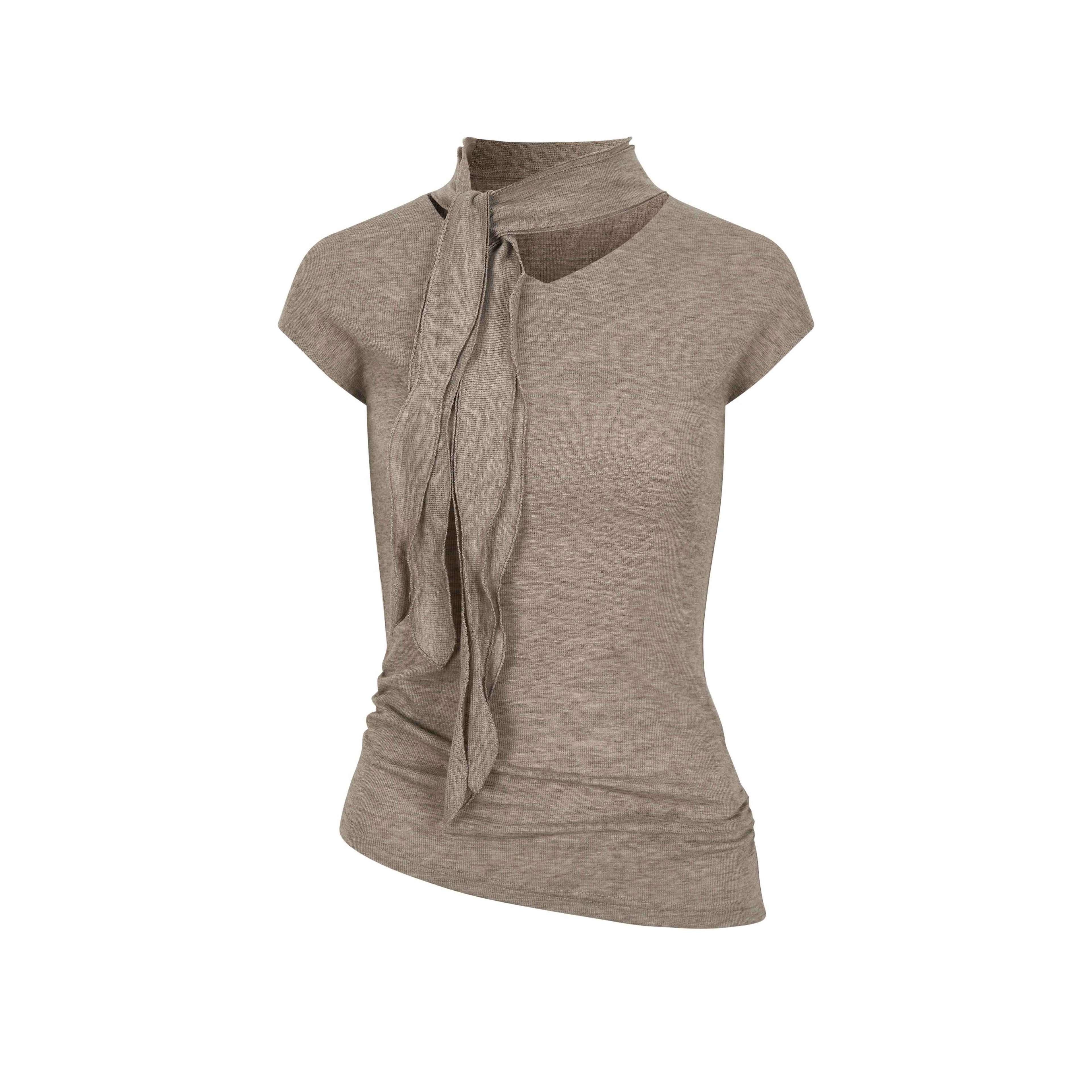 Dorydory_Taupe_V-neck_Tie_Knit_Slim_Women&
