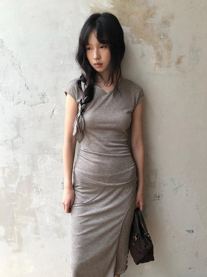 Dorydory Taupe V-neck Tie Knit Slim Women&