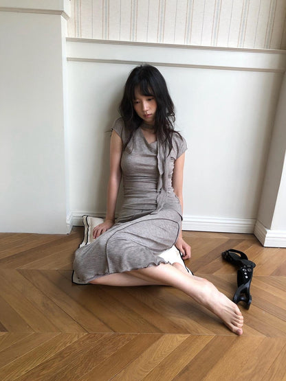 Dorydory Taupe V-neck Tie Knit Slim Women&