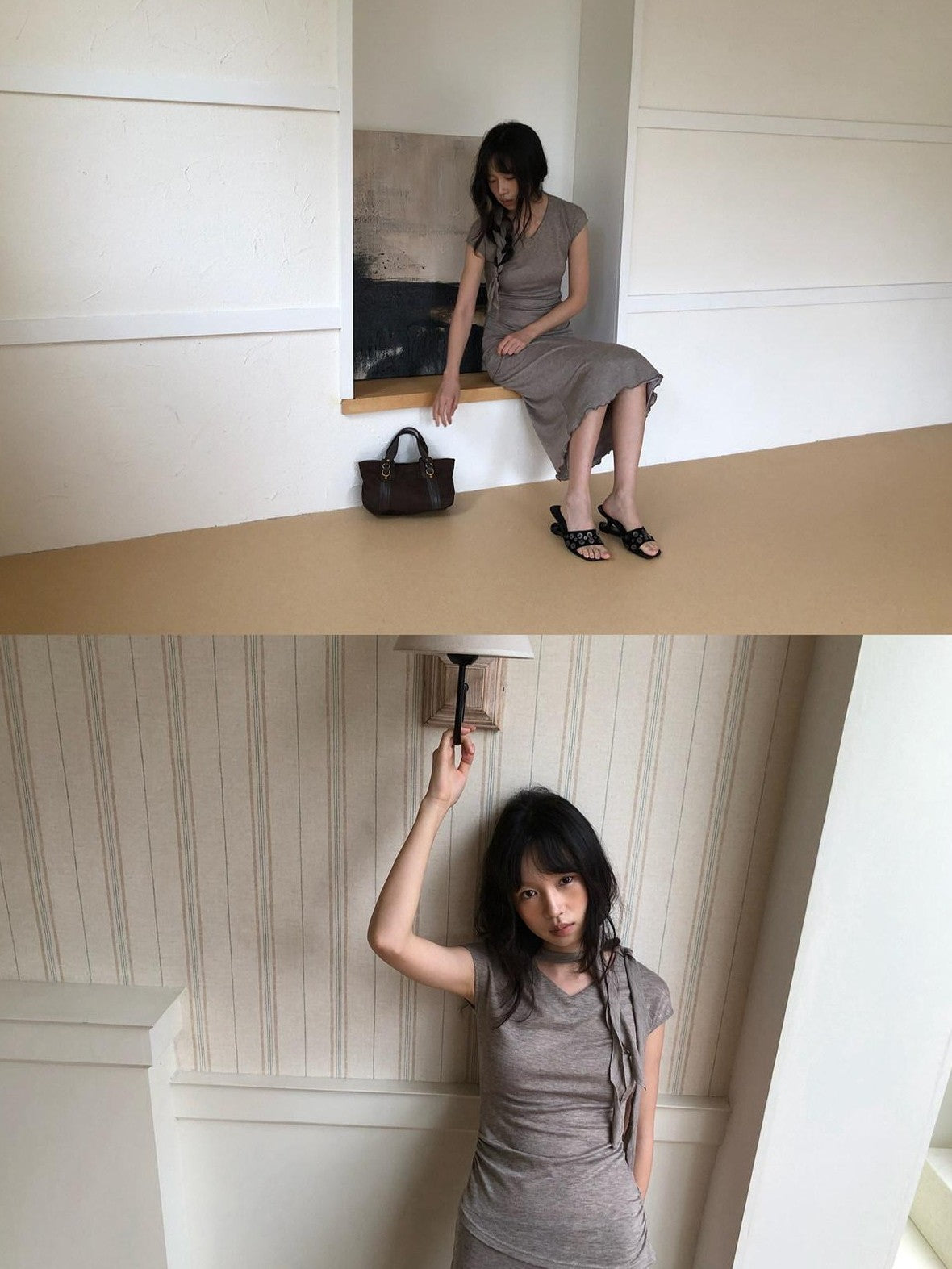 Dorydory Taupe V-neck Tie Knit Slim Women&