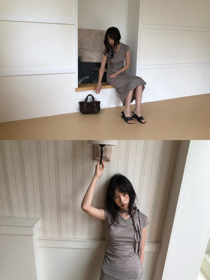 Dorydory Taupe V-neck Tie Knit Slim Women&