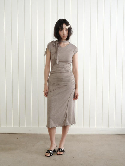 Dorydory Taupe V-neck Tie Knit Slim Women&