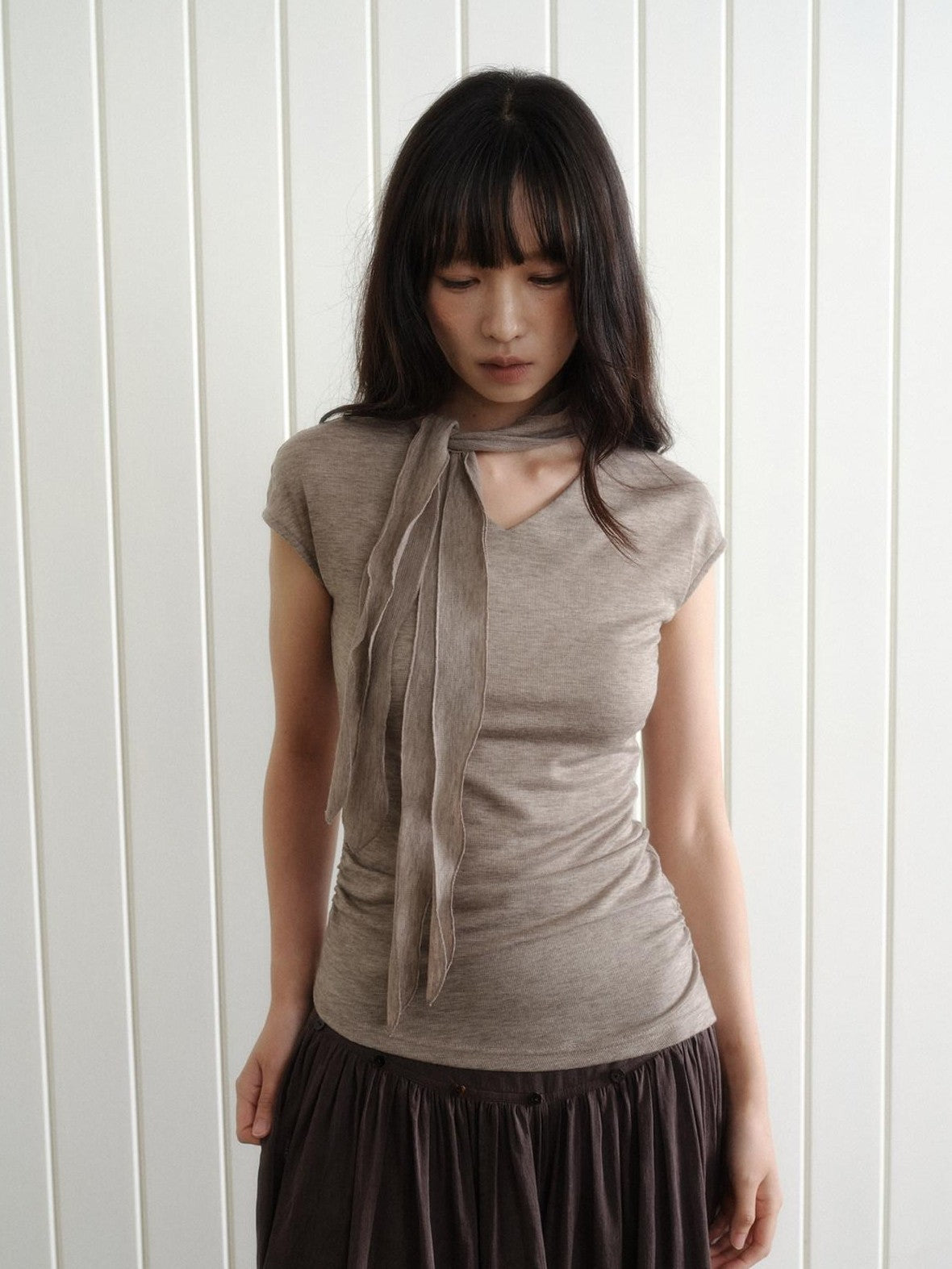 Dorydory Taupe V-neck Tie Knit Slim Women&