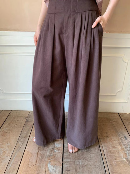 Tencel Cotton Wide Leg Trousers With Tuck Pleats