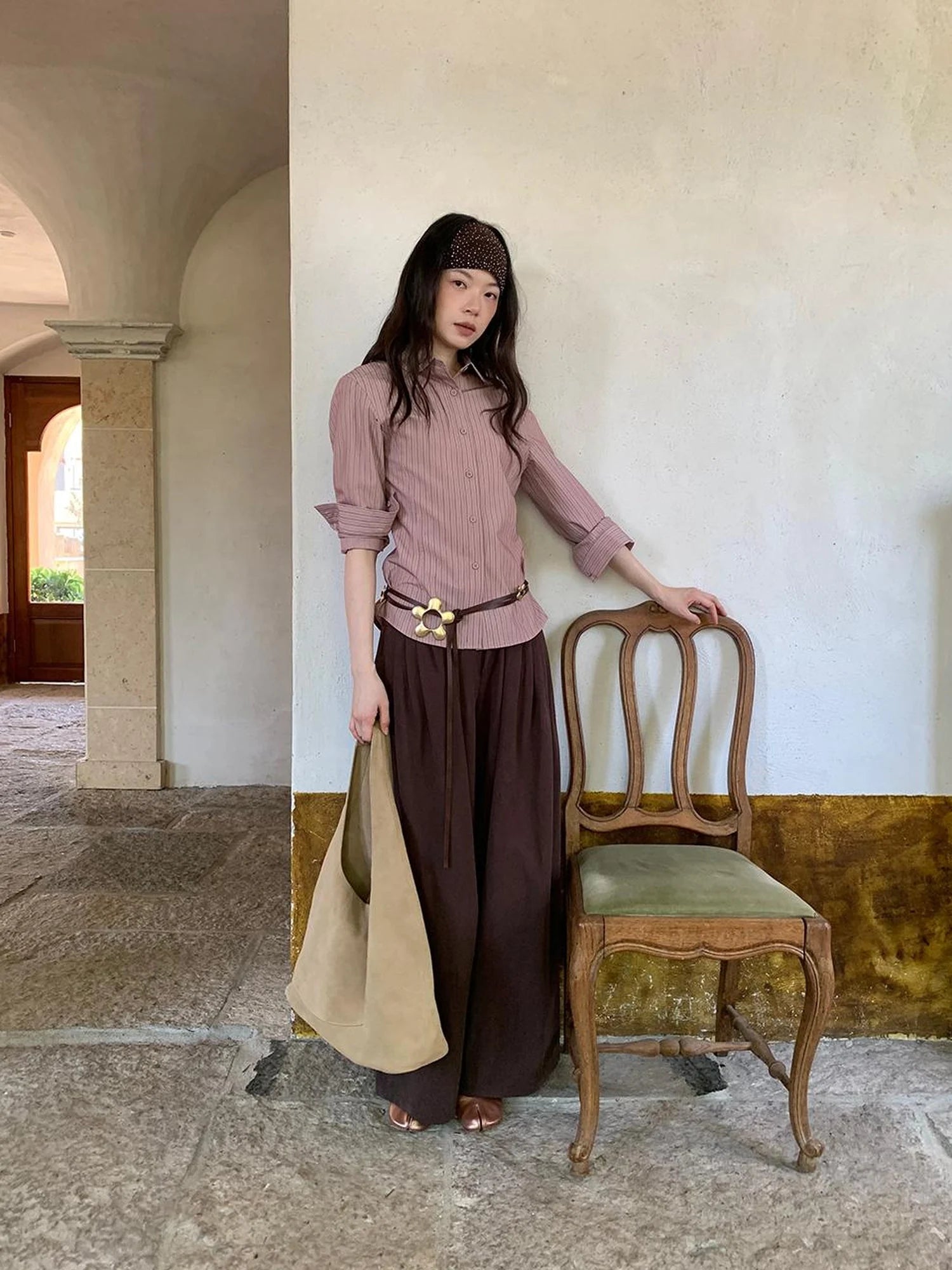 Tencel Cotton Wide Leg Trousers With Tuck Pleats