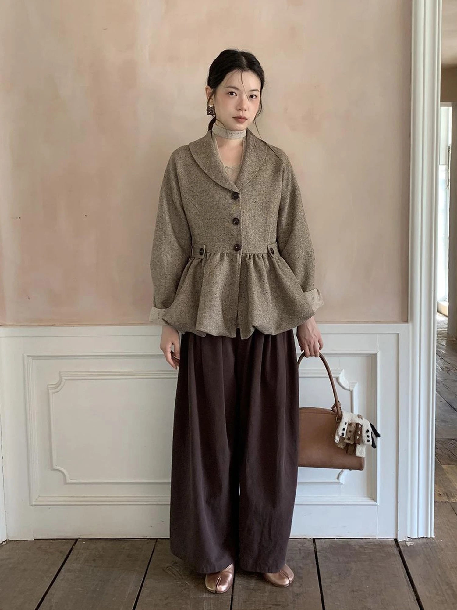 Tencel Cotton Wide Leg Trousers With Tuck Pleats