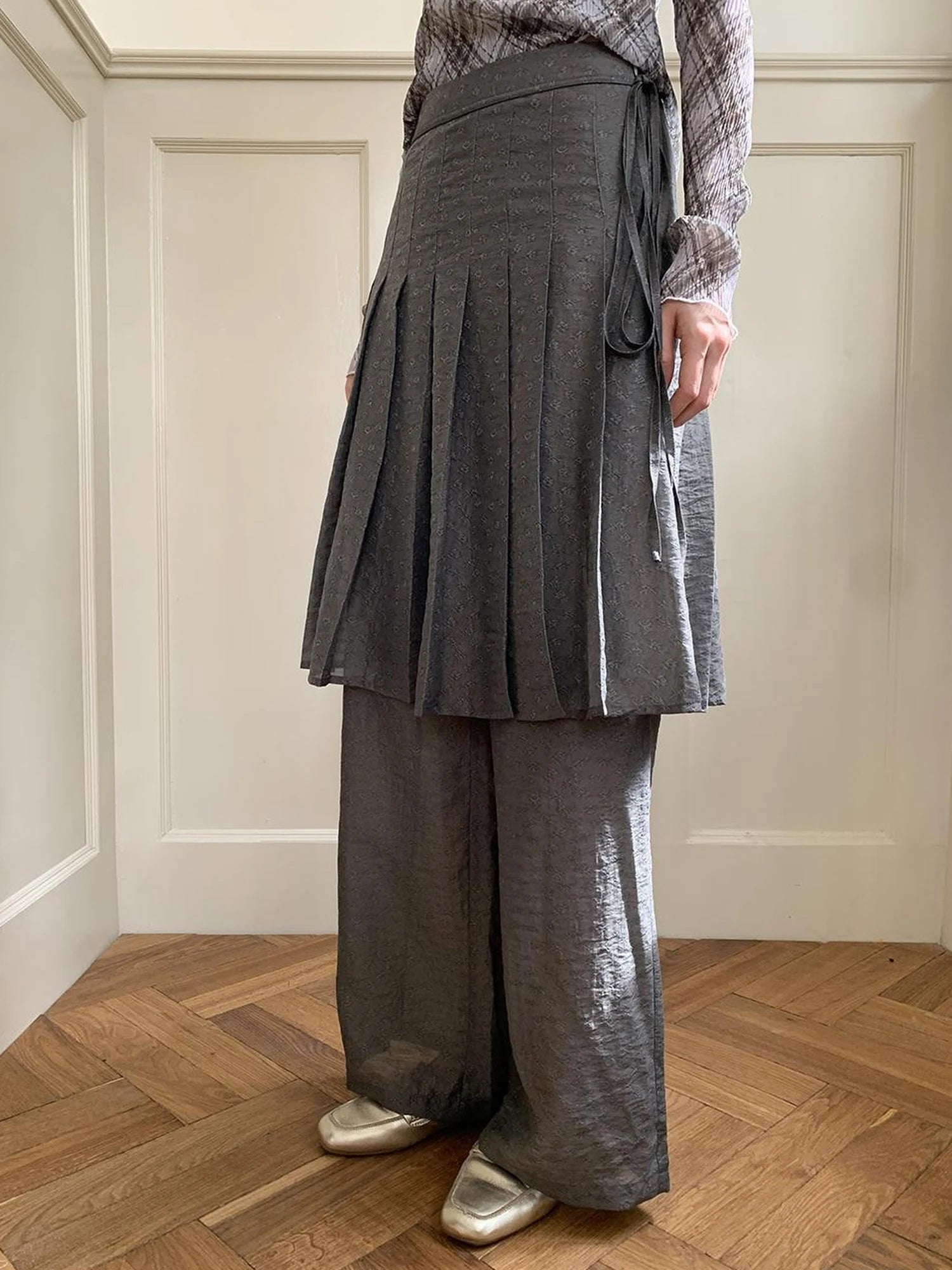 Tencel Linen Blend Wide Leg Palazzo Pants With Pleated Hem