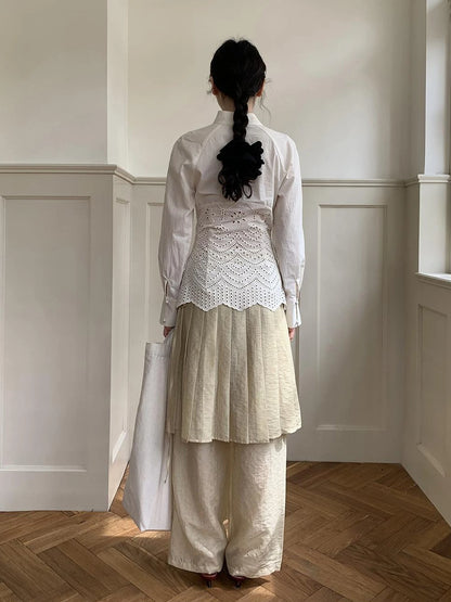 Tencel Linen Blend Wide Leg Palazzo Pants With Pleated Hem