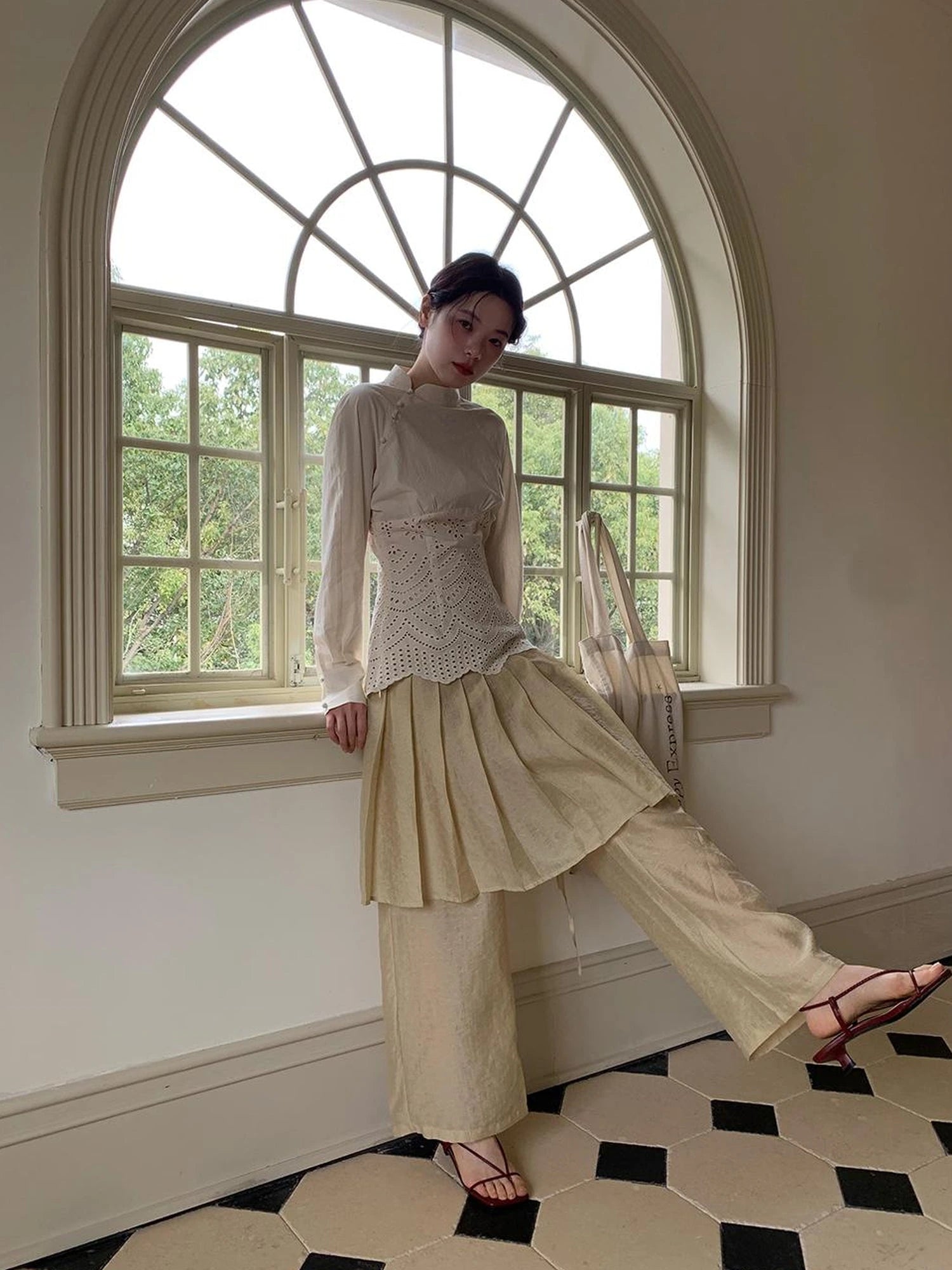 Tencel Linen Blend Wide Leg Palazzo Pants With Pleated Hem