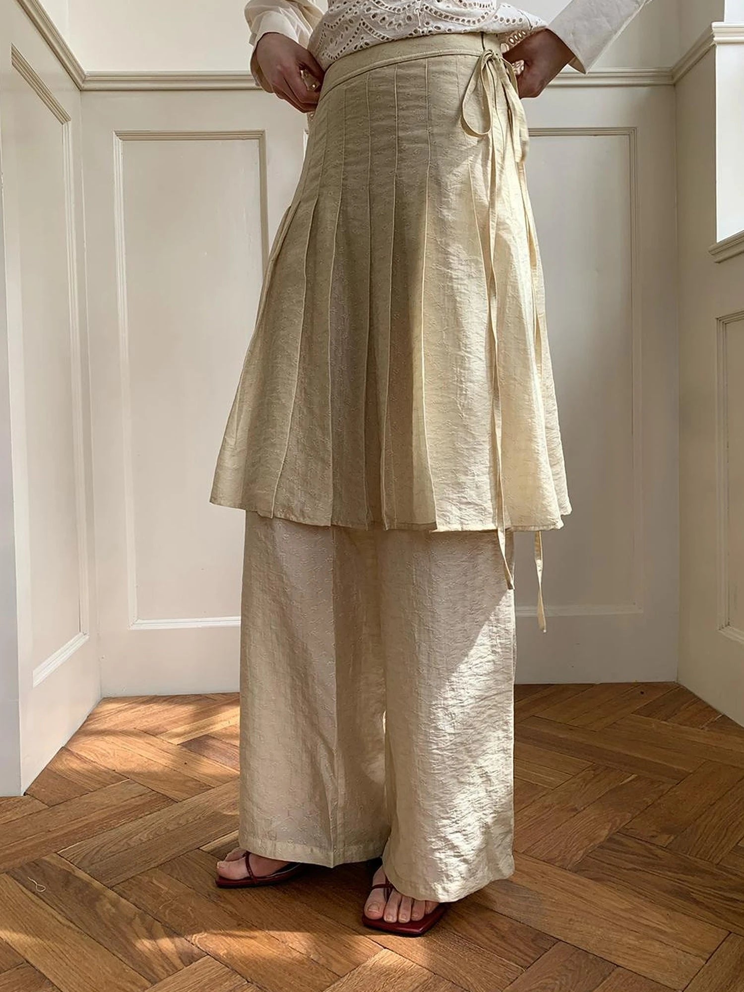Tencel Linen Blend Wide Leg Palazzo Pants With Pleated Hem