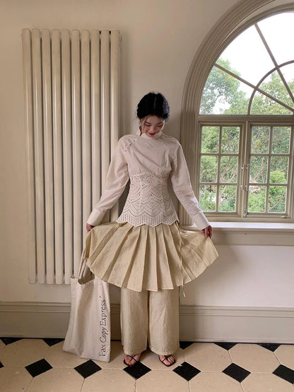 Tencel Linen Blend Wide Leg Palazzo Pants With Pleated Hem